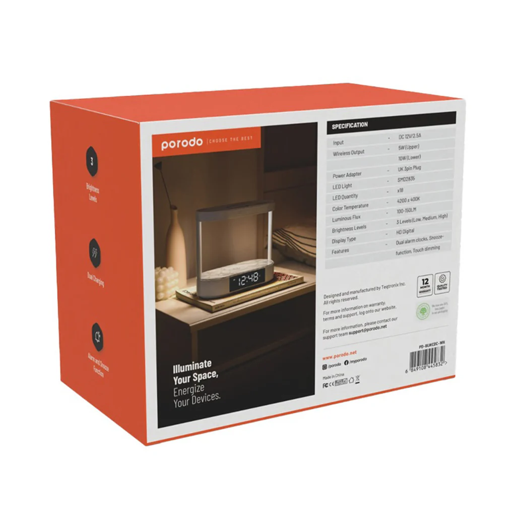 Porodo Bedside Lamp with Wireless Charging, Digital Alarm Clock, and Touch-Dimming - White - Image 3