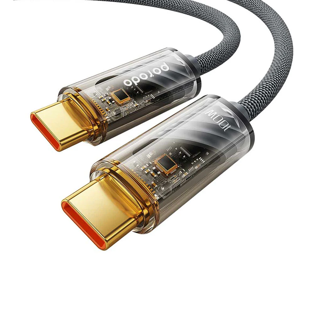 Porodo Braided 100W PD C to C Cable With Transparent Head 1M - Grey - Image 2