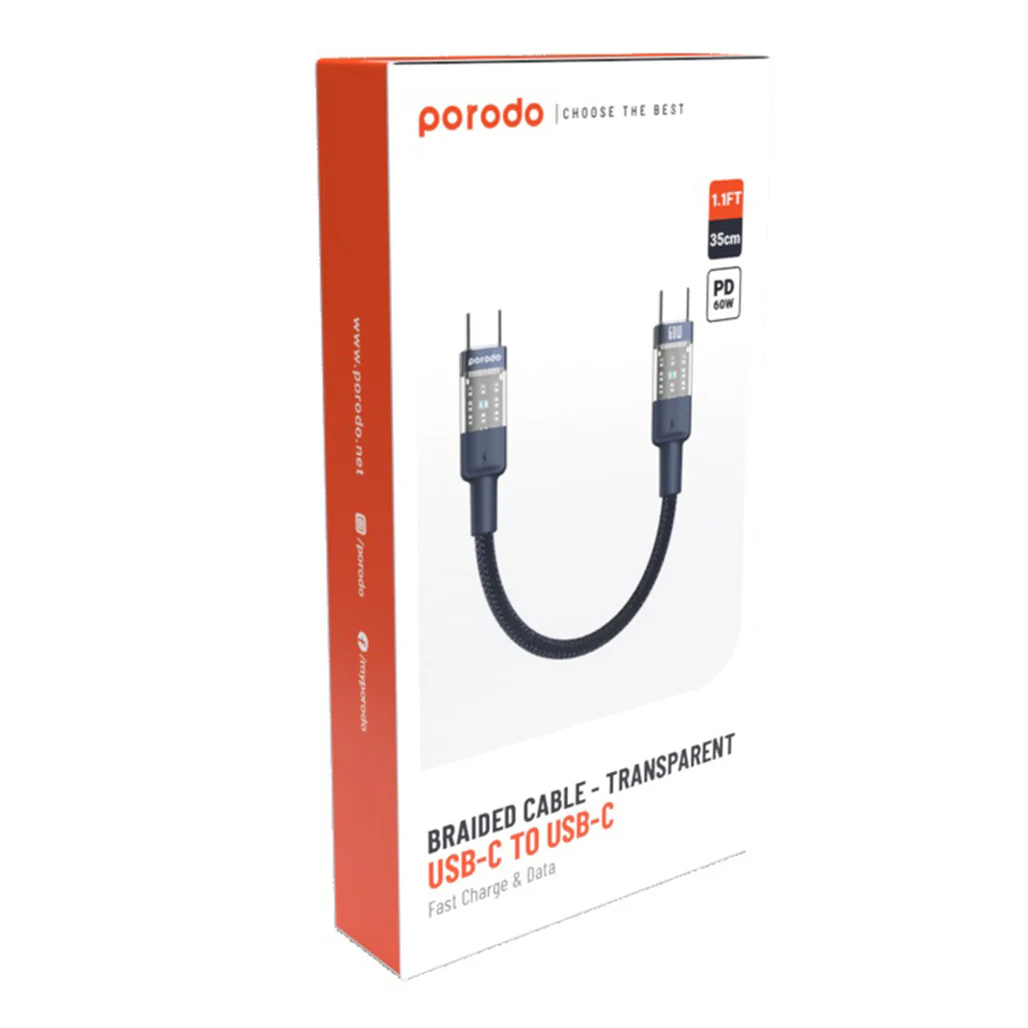 Porodo Braided 60W PD C to C Fast Charging Cable with Transparent Head 35cm - Image 2