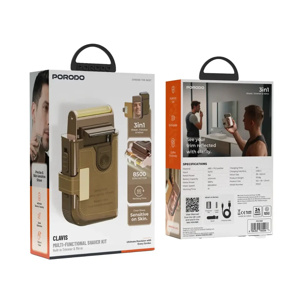 Porodo Clavis Multi-Functional Shaver Kit with Built-In Trimmer & Mirror - Brown - Image 4