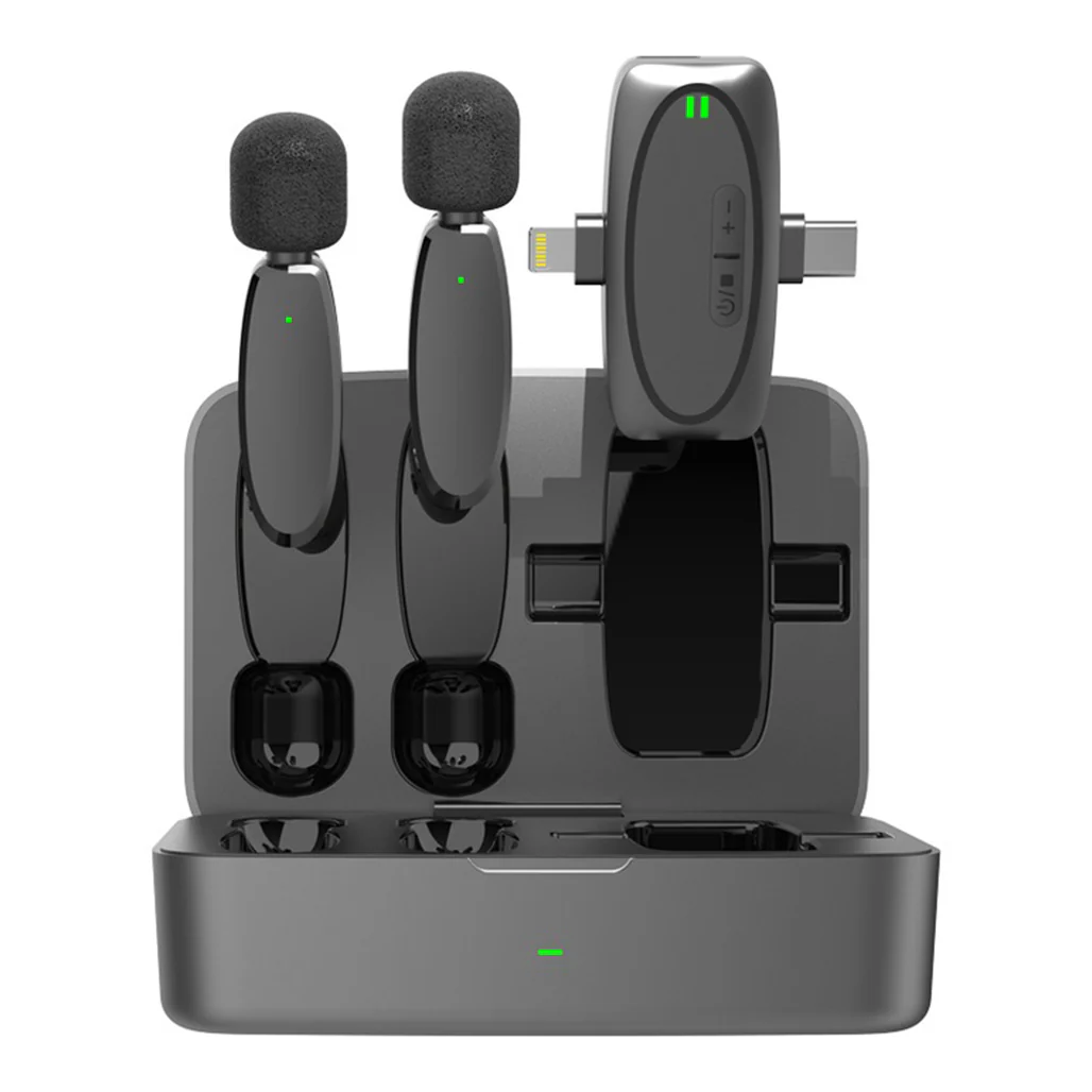 Porodo Dual Connector Lavalier Microphone Dual Mic with Charging Case - Black