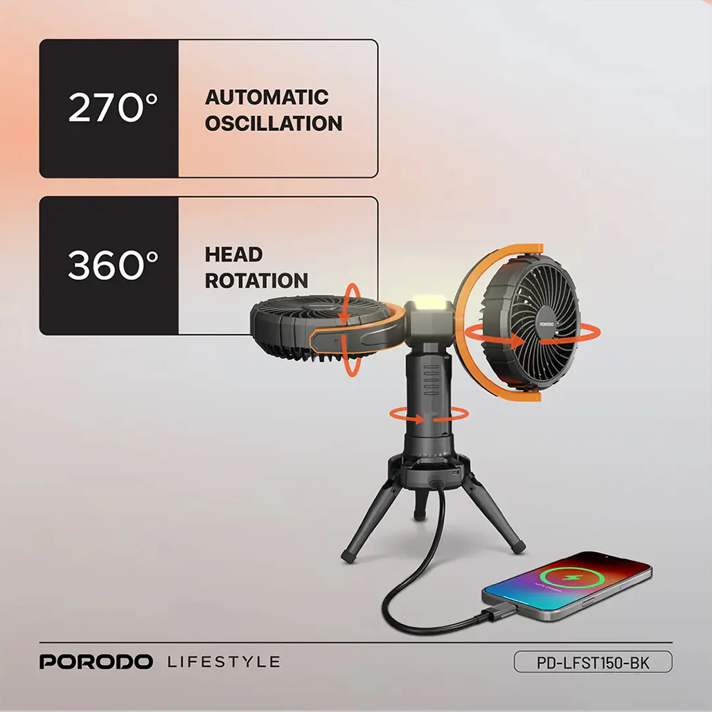 Porodo Dual-Head Oscillating Fan – Rechargeable 8000mAh Battery, 4 Speed Settings, USB-C – Black - Image 7