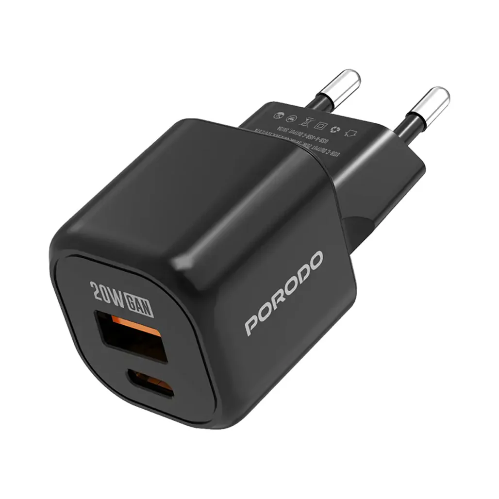 Porodo Dual Port Wall Charger (with C to C / C to L Cable) - Black