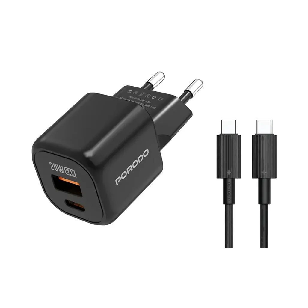Porodo Dual Port Wall Charger (with C to C / C to L Cable) - Black - Image 2