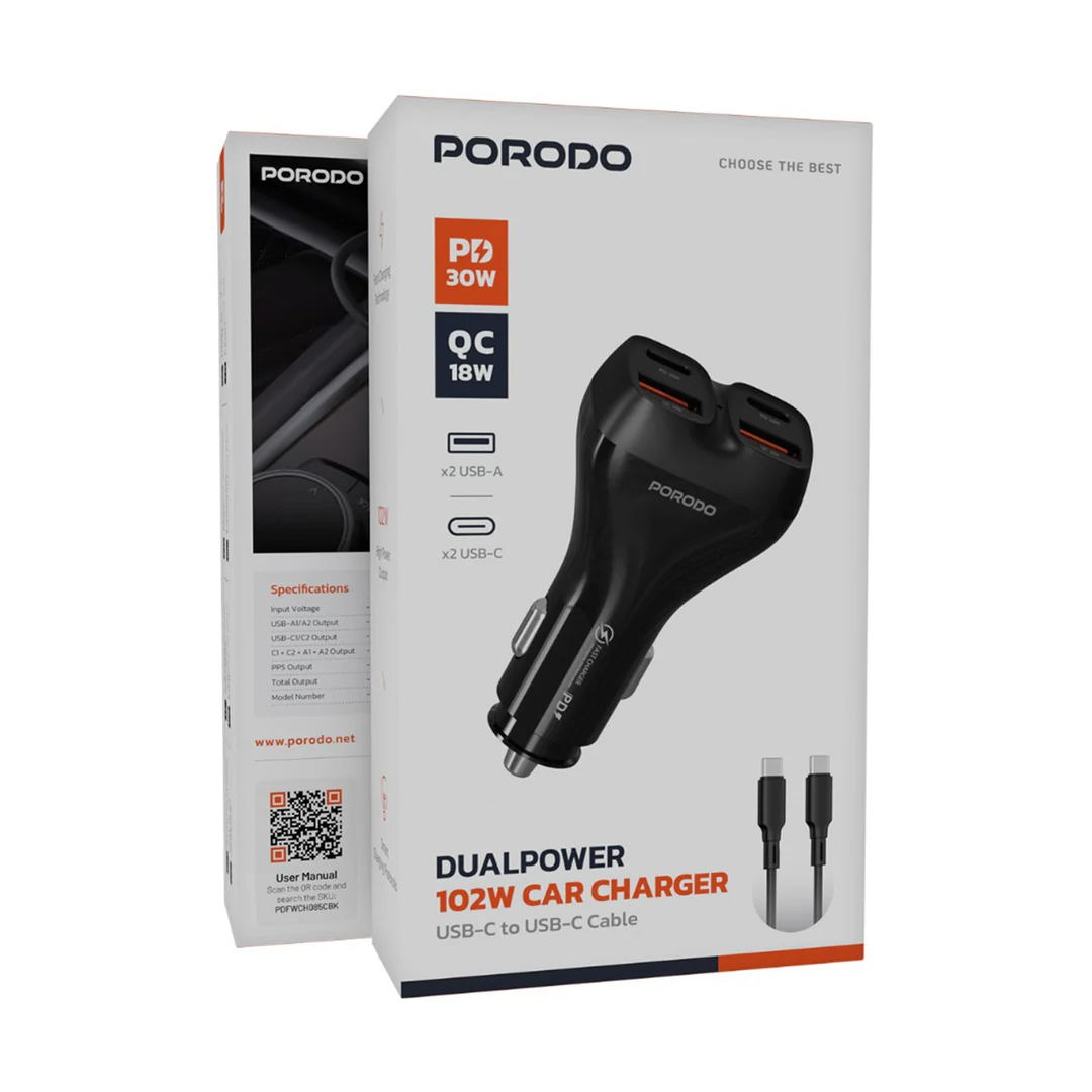 Porodo Dual Power Car Charger with USB-C to USB-C Cable - PDFWCH085CBK - Image 4