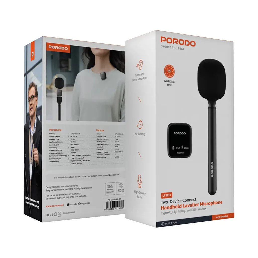 Porodo Dual Wireless Lavalier Microphone - Black - Image 5