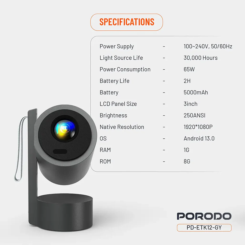 Porodo Full HD Smart Projector - Gray - Image 2