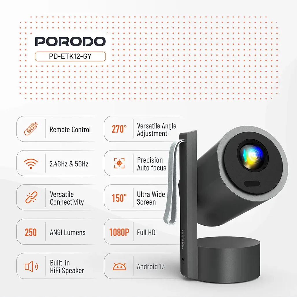Porodo Full HD Smart Projector - Gray - Image 3