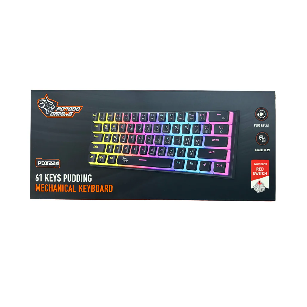 Porodo Gaming PDX224 61-Key Mechanical Keyboard - Pudding Keycaps, Red Switches - Image 3