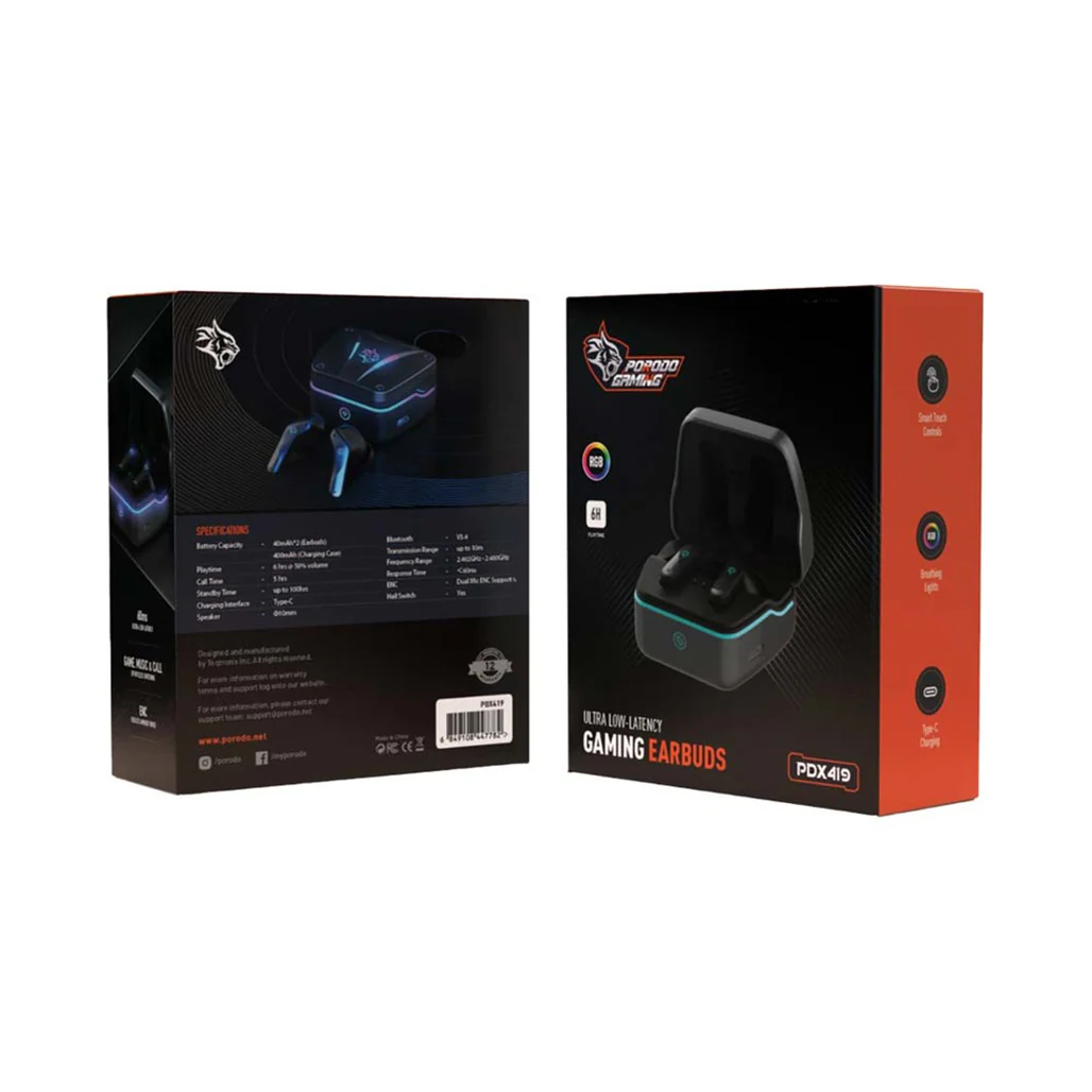Porodo Gaming PDX419 - Ultra Low-Latency Wireless Earbuds with Dual Mic ENC and RGB Lights - Black - Image 2