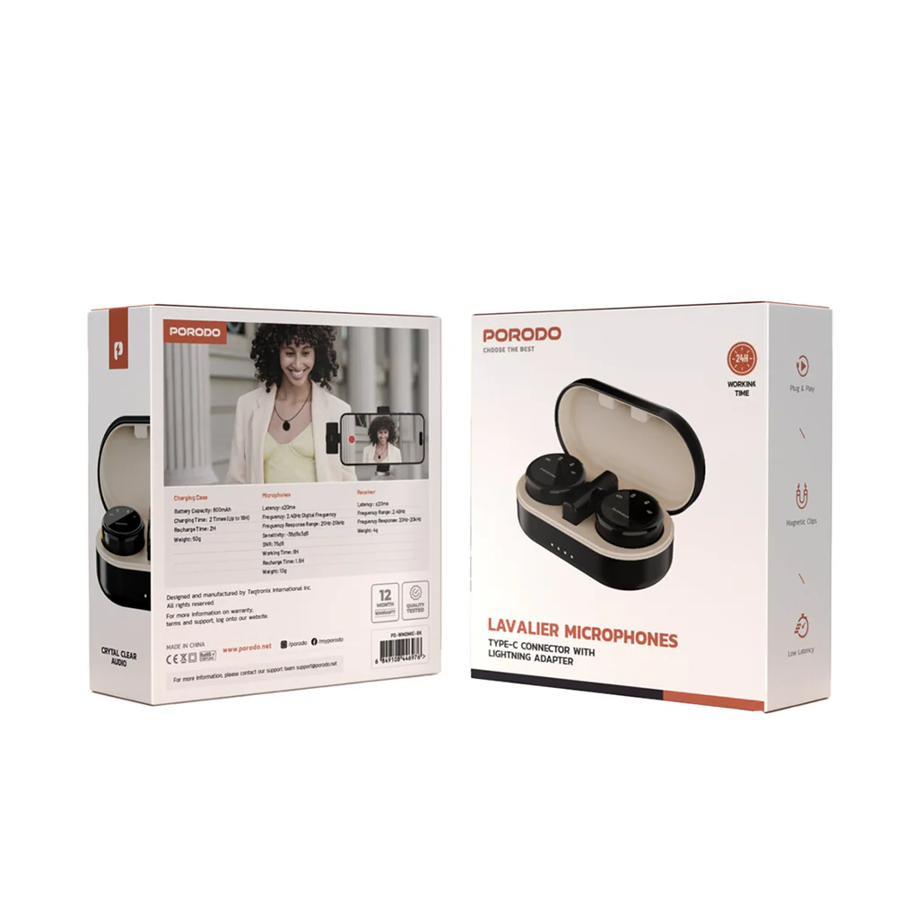 Porodo Lavalier Microphone - Type-C Connector and Lightning Adapter – Black - Image 3