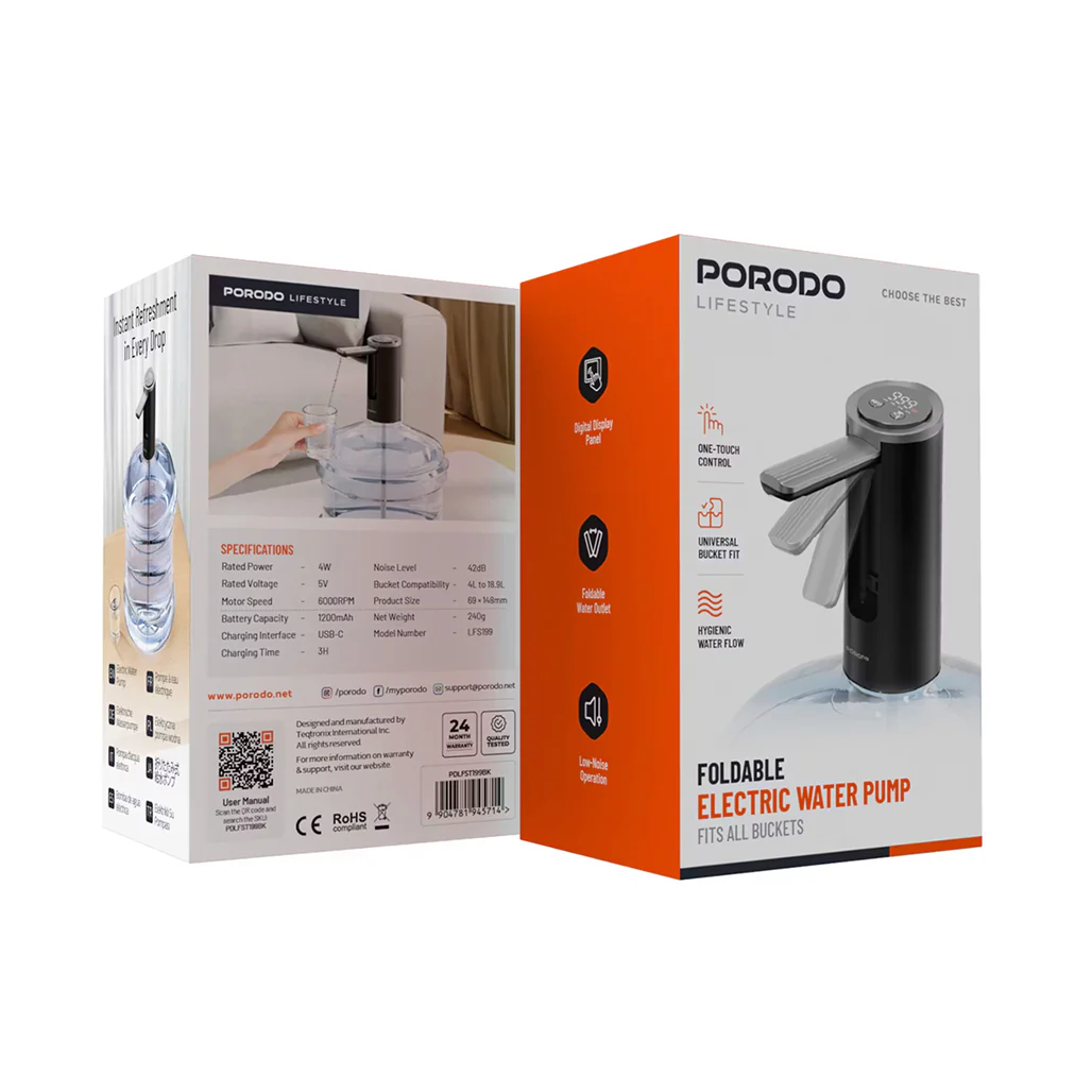 Porodo Lifestlye Foldable Electric Water Pump Universal Bottle Compatibility - Black - Image 4