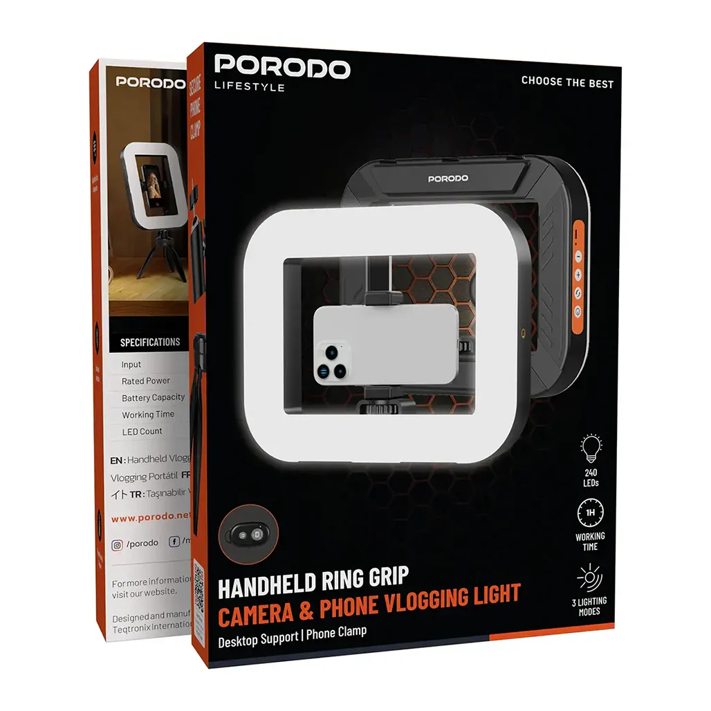 Porodo Lifestyle Handheld Ring Grip Camera & phone vlogging light with Desktop support & Phone clamp - Black - Image 6