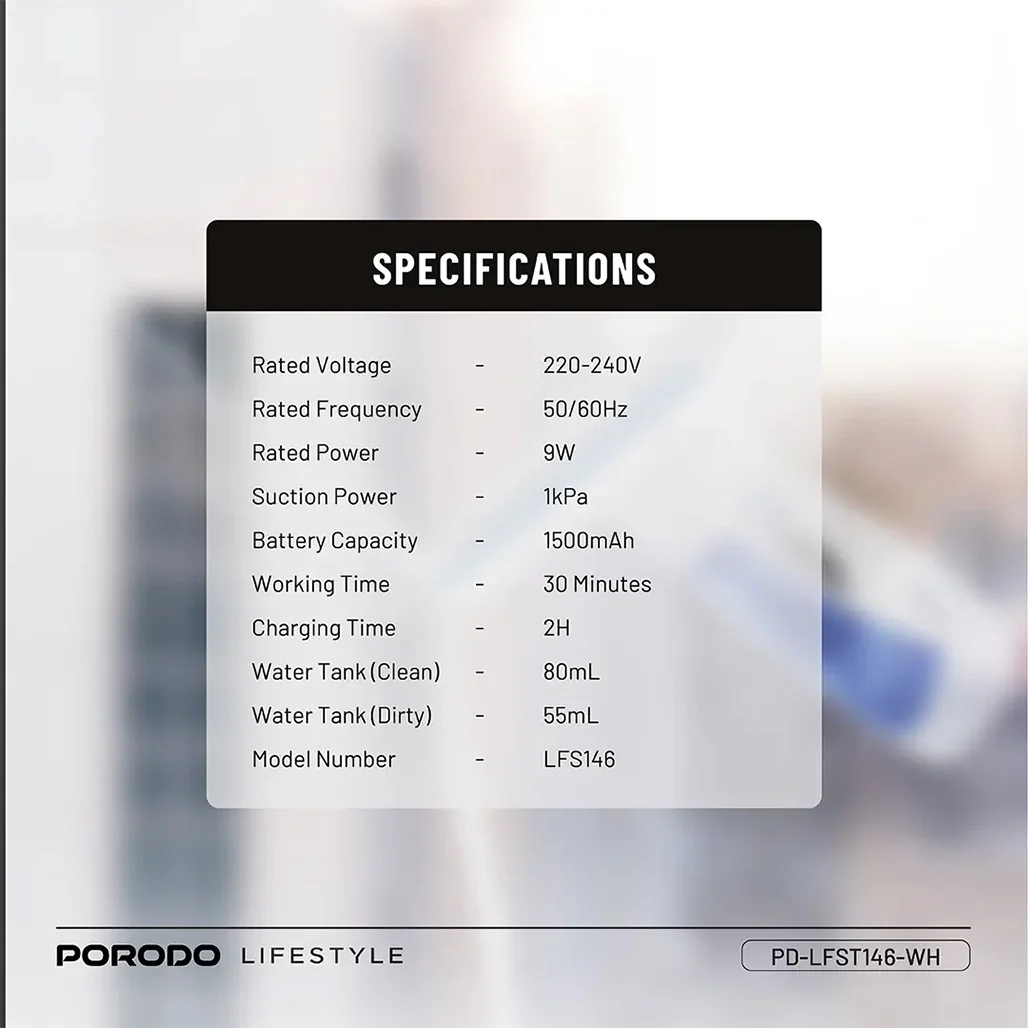 Porodo Lifestyle Handheld Window Cleaner – Rechargeable Glass Cleaning Vacuum with Spray, Wipe & Dry Function – 30-Min Runtime - Image 6