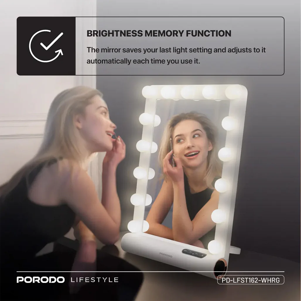 Porodo Lifestyle Hollywood Vanity Lighted Mirror - White/Rose Gold - Image 5