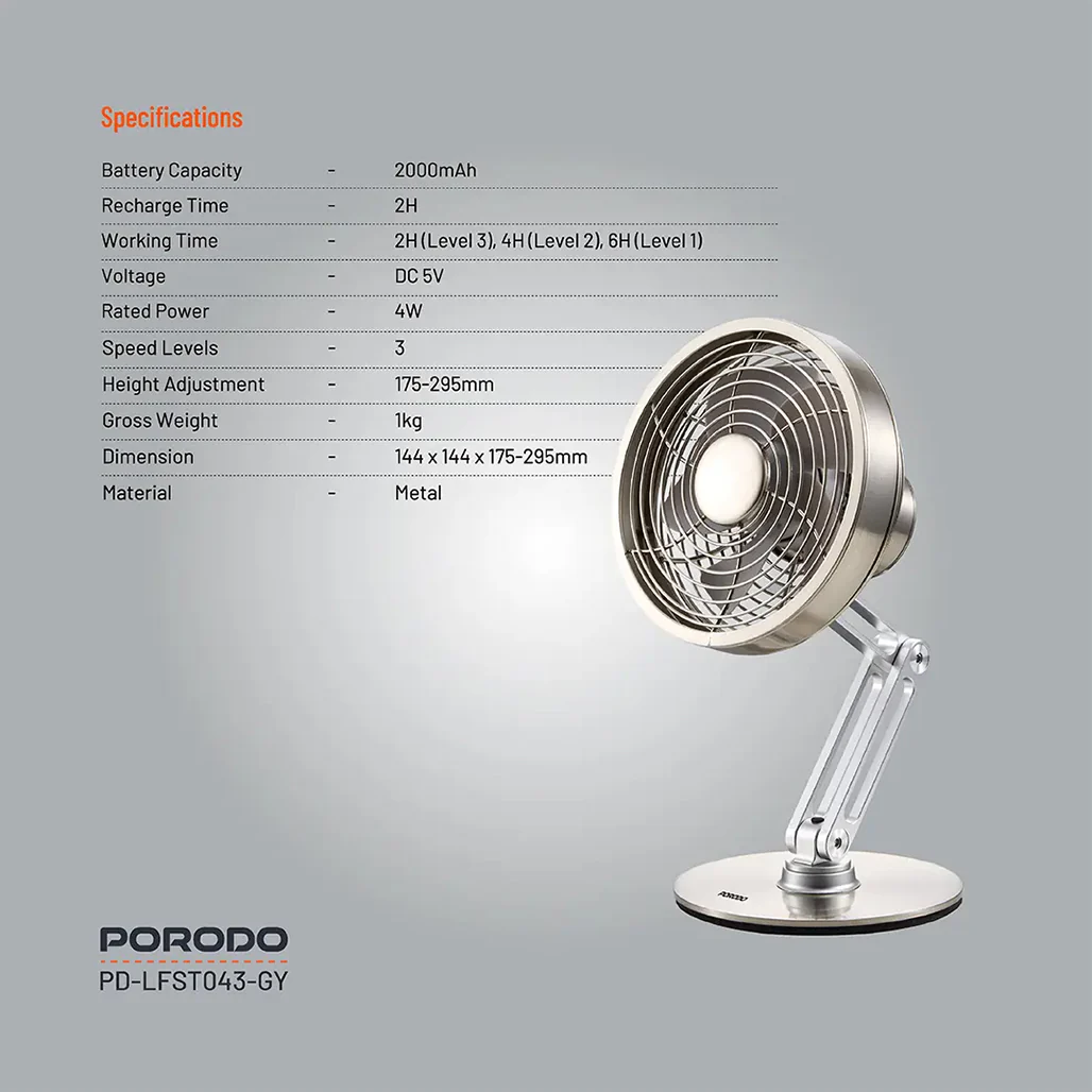 Porodo Lifestyle Metal Desk Fan - Gray | Compact, Rechargeable, and Adjustable Cooling Solution - Image 6