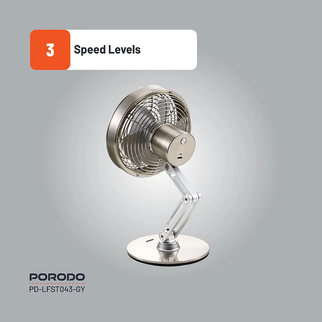 Porodo Lifestyle Metal Desk Fan - Gray | Compact, Rechargeable, and Adjustable Cooling Solution - Image 7