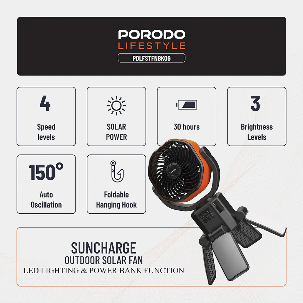 Porodo Lifestyle Suncharge Outdoor Solar Fan - PDLFSTFNBKOG - Image 2