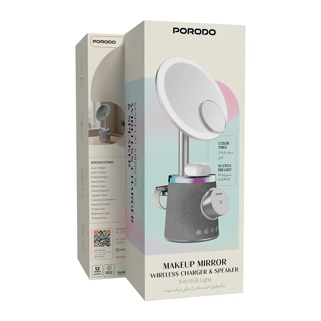 Porodo Makeup Mirror Wireless Charger & Speaker with RGB Lights - Image 2