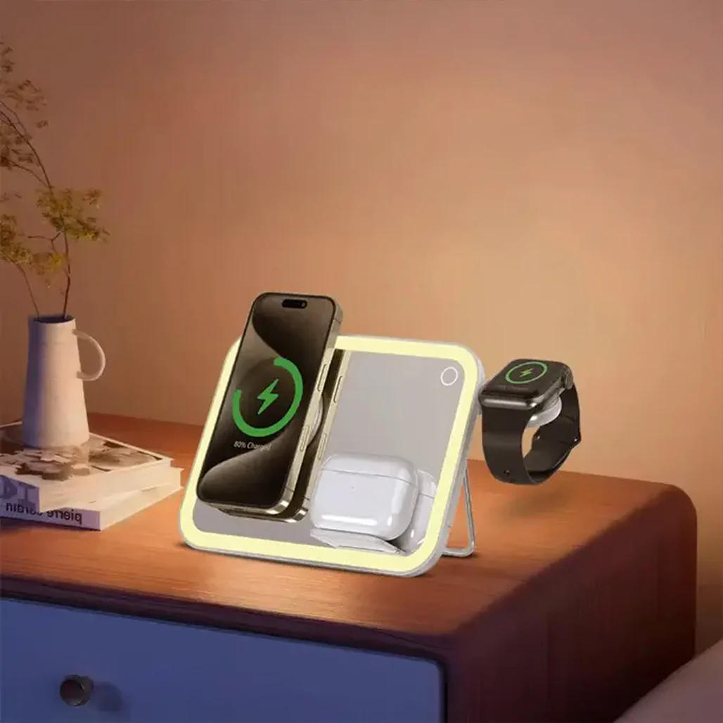 Porodo Multi-Device Wireless Charging Mirror with LED Lights – MagSafe, Adjustable Stand, and Night Light - Image 3