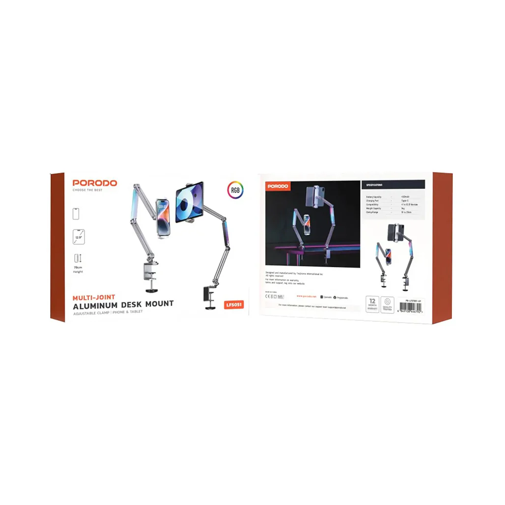 Porodo Multi-Joint Aluminum Desk Mount with RGB Ambient Light and 360° Adjustable Viewing for Phone & Tablet - Image 4