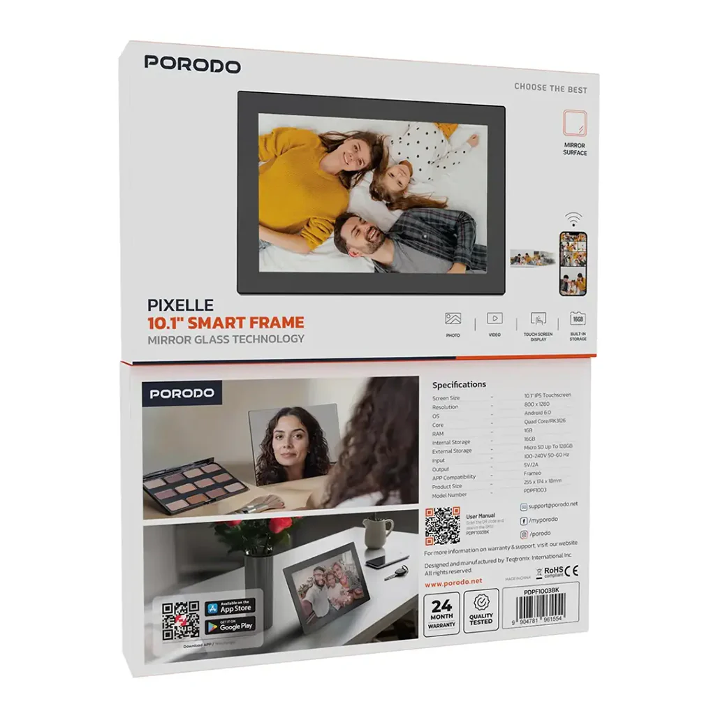 Porodo Pixelle 10.1" Smart Frame Mirror Glass Technology - Black - PDPF1003BK - Image 2