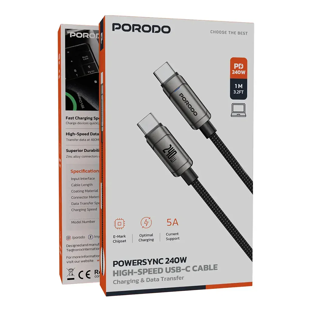 Porodo PowerSync 240W High-Speed USB-C Cable - Gray - Image 2