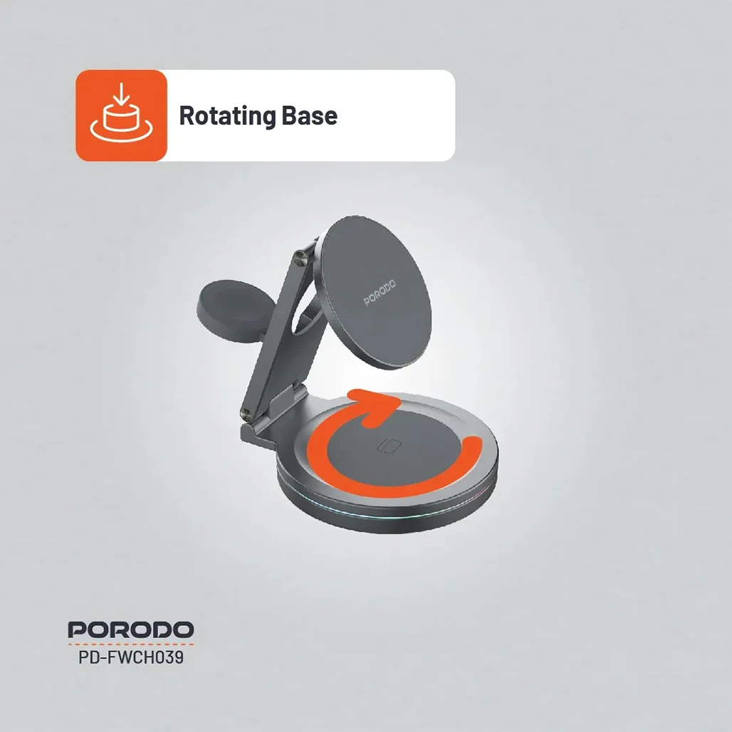 Porodo Rotating Base Three-Device Wireless Charger – Gray - Image 5