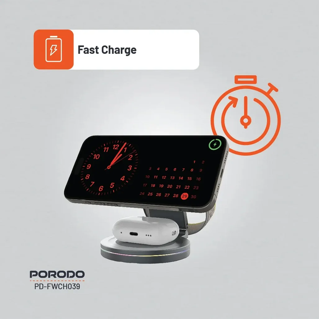 Porodo Rotating Base Three-Device Wireless Charger – Gray - Image 7