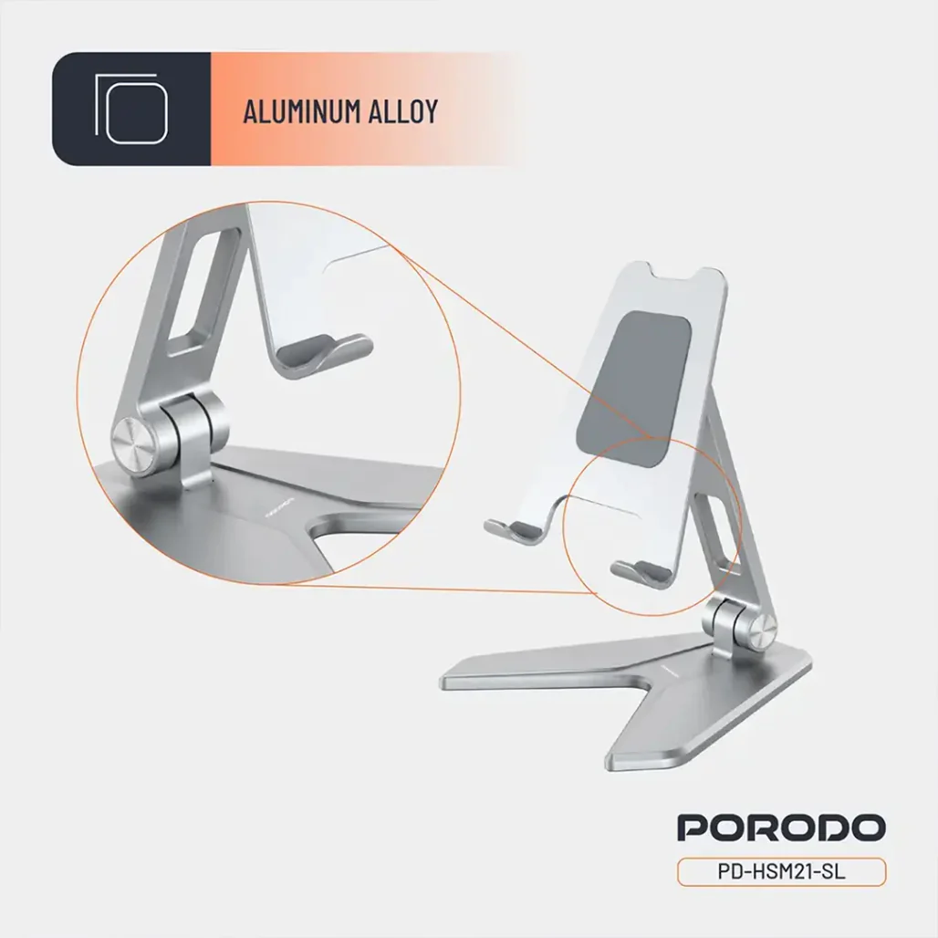 Porodo Silver Aluminum Mobile Stand for 4"–8" Phones – Foldable, Adjustable, Non-Slip - Image 2