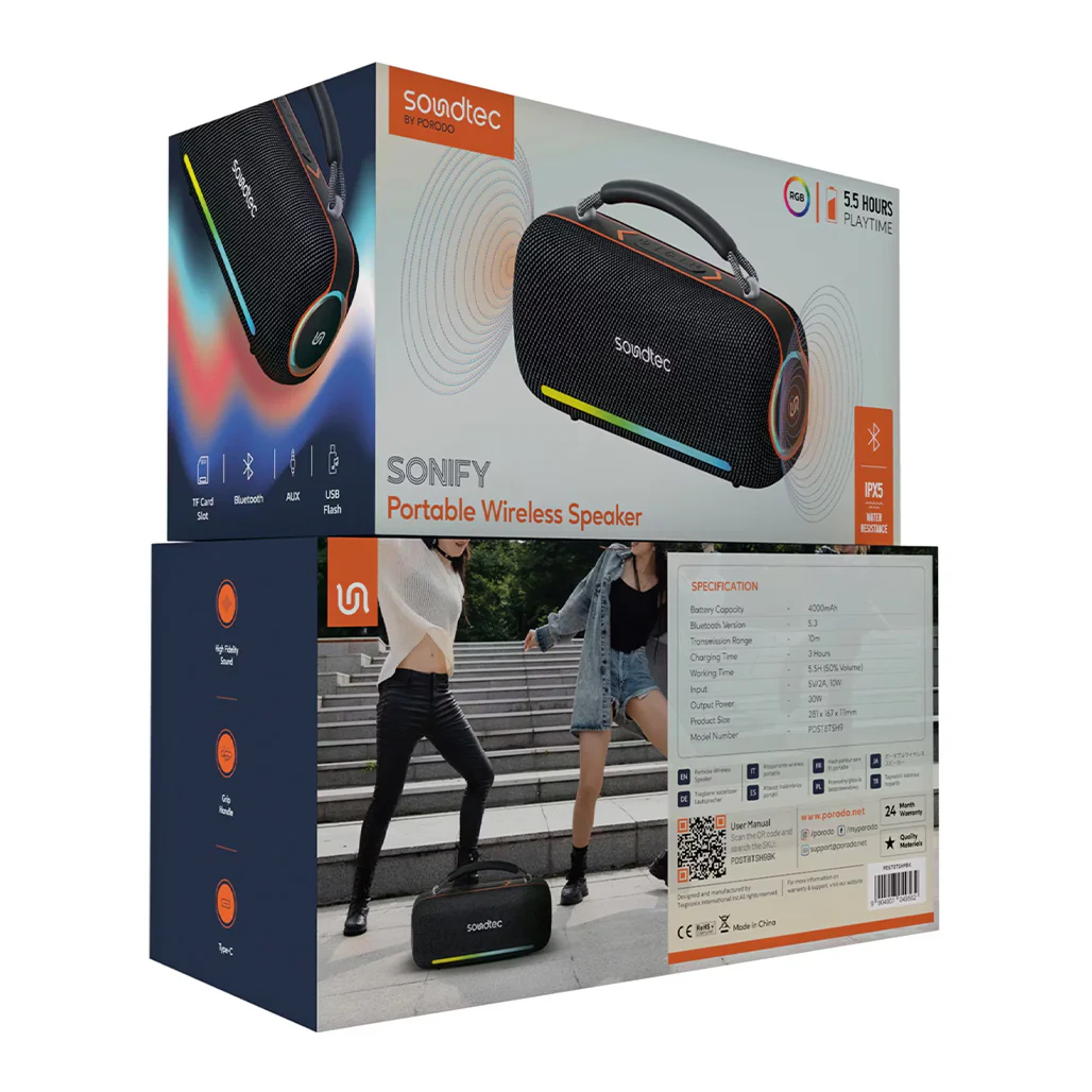 Porodo Soundtec 60W Bluetooth Speaker - Black - Image 4