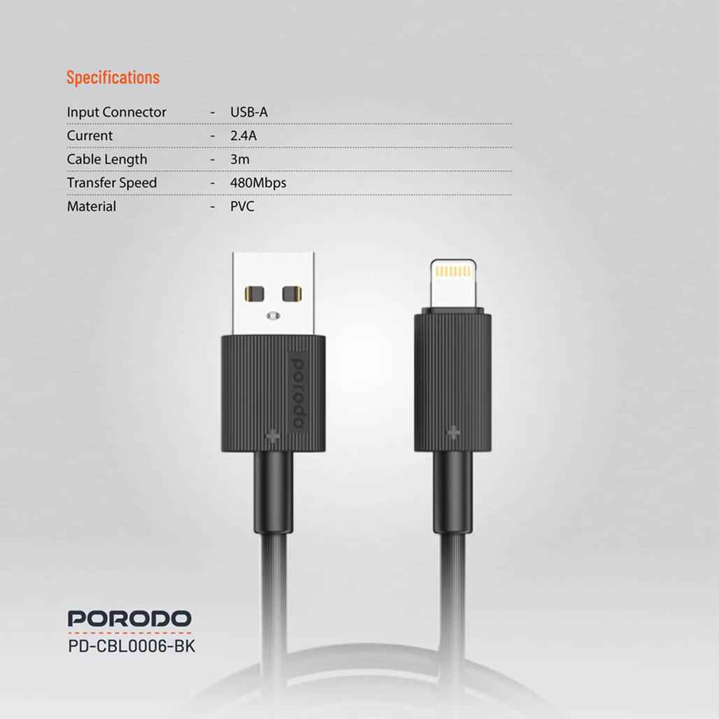 Porodo USB-A to Lightning Durable 3M Fast Charging Cable with 2.4A Current and 480Mbps Data Transfer - Image 2