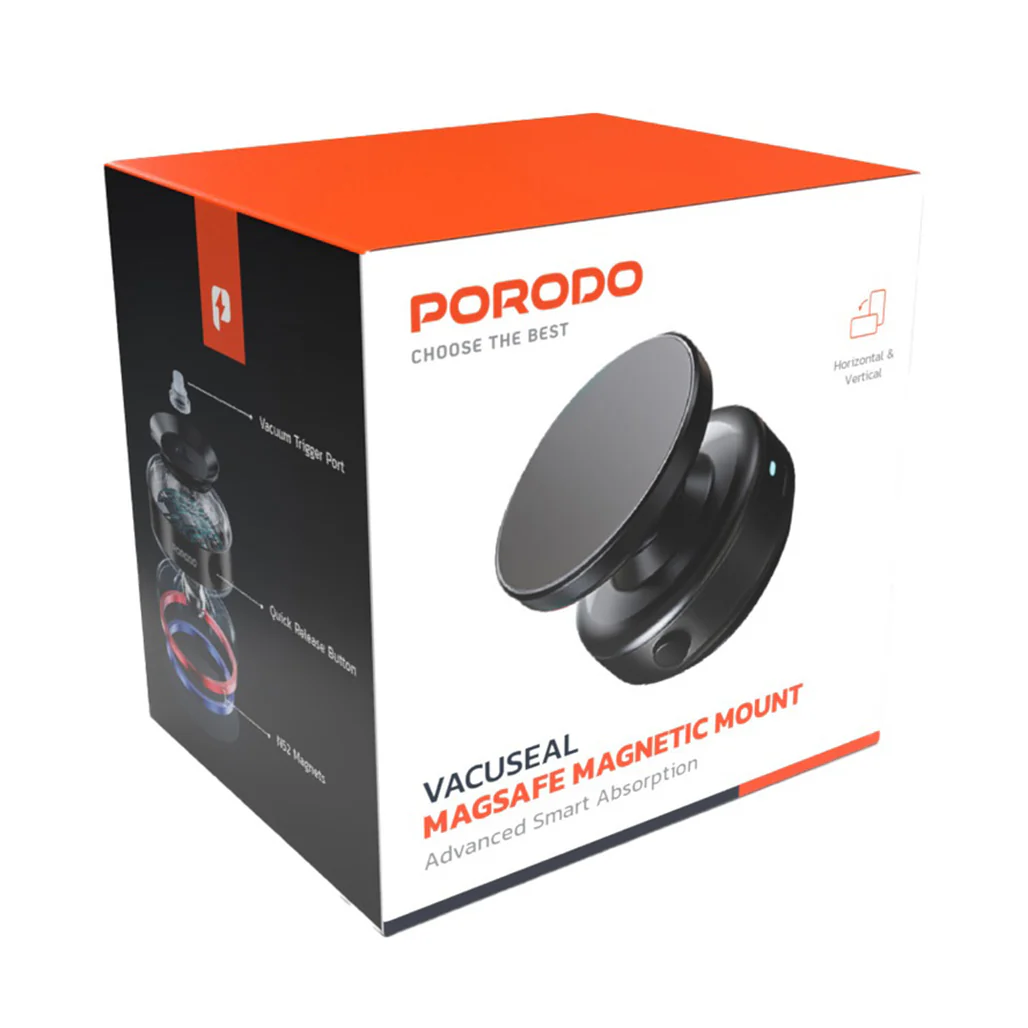 Porodo Vacuseal Magsafe Magnetic Phone Mount - Black | Strong Suction, Adjustable Viewing, One-Hand Operation - Image 3
