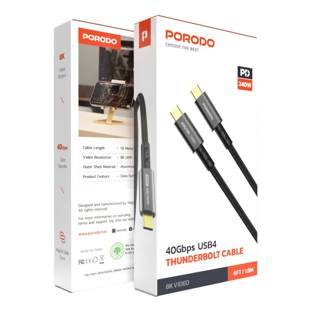 Porodo Woven Type-C to Type-C Cable 240W, 40Gbps, 8K 60Hz – Black - Image 3