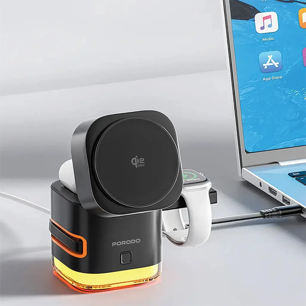 Porodo Xpert 5-In-1 Retractable Wireless Charger with LED Light - Black - Image 3
