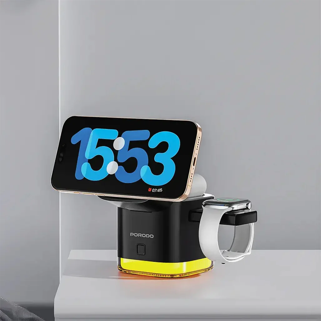 Porodo Xpert 5-In-1 Retractable Wireless Charger with LED Light - Black - Image 4