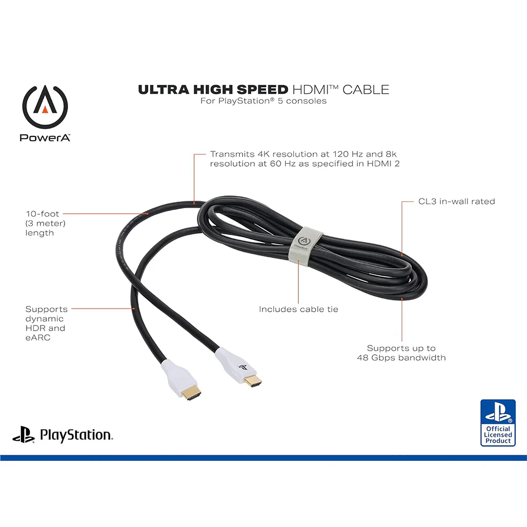 PowerA Ultra High Speed HDMI Cable for PlayStation 5 – 10 Feet, 48 Gbps, 4K@120Hz & 8K@60Hz, eARC Technology - Image 4