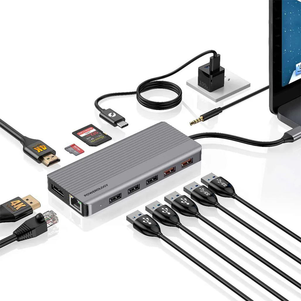 Powerology 12-in-1 USB-C Hub with Dual HDMI, Ethernet, 100W PD, VGA, USB, SD & MicroSD – Dark - Image 5