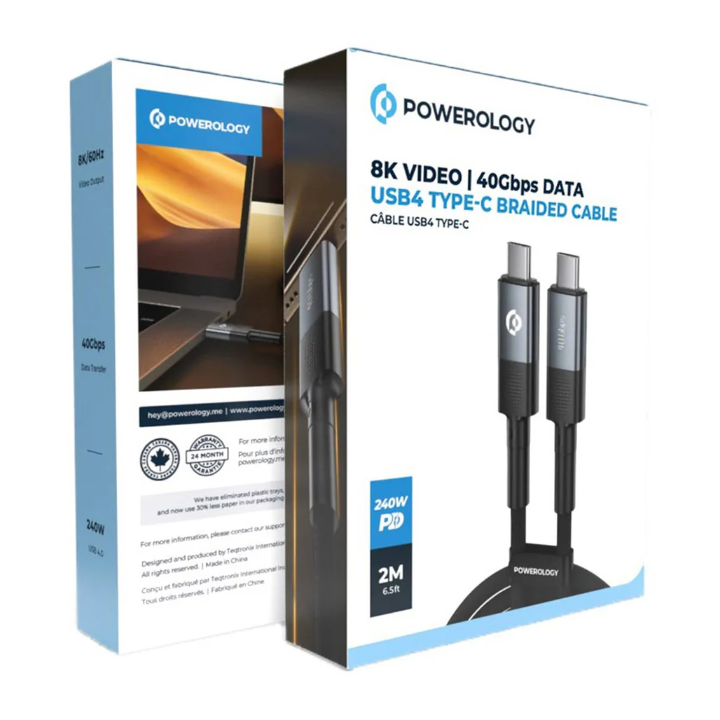 Powerology 240W USB 4.0 Type-C to Type-C Braided Fast Charging Cable 2M – Grey - Image 2
