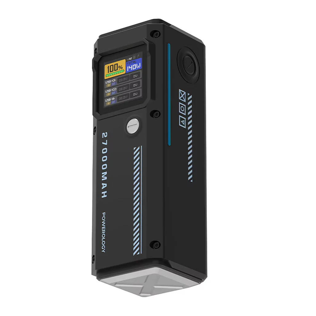Powerology 27000mAh 140W PD Smart Display Power Bank – USB-C & USB-A Ports, Fast Laptop Charging, Compact Travel Battery Pack – Black - Image 2