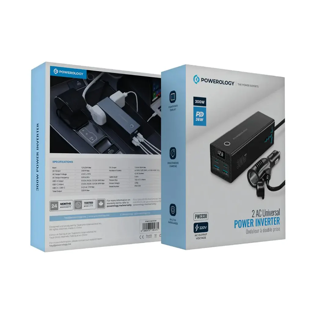 Powerology 300W Universal Car Power Inverter with Dual AC Outlets, USB-C PD 36W, QC 3.0 USB-A – Black - Image 2
