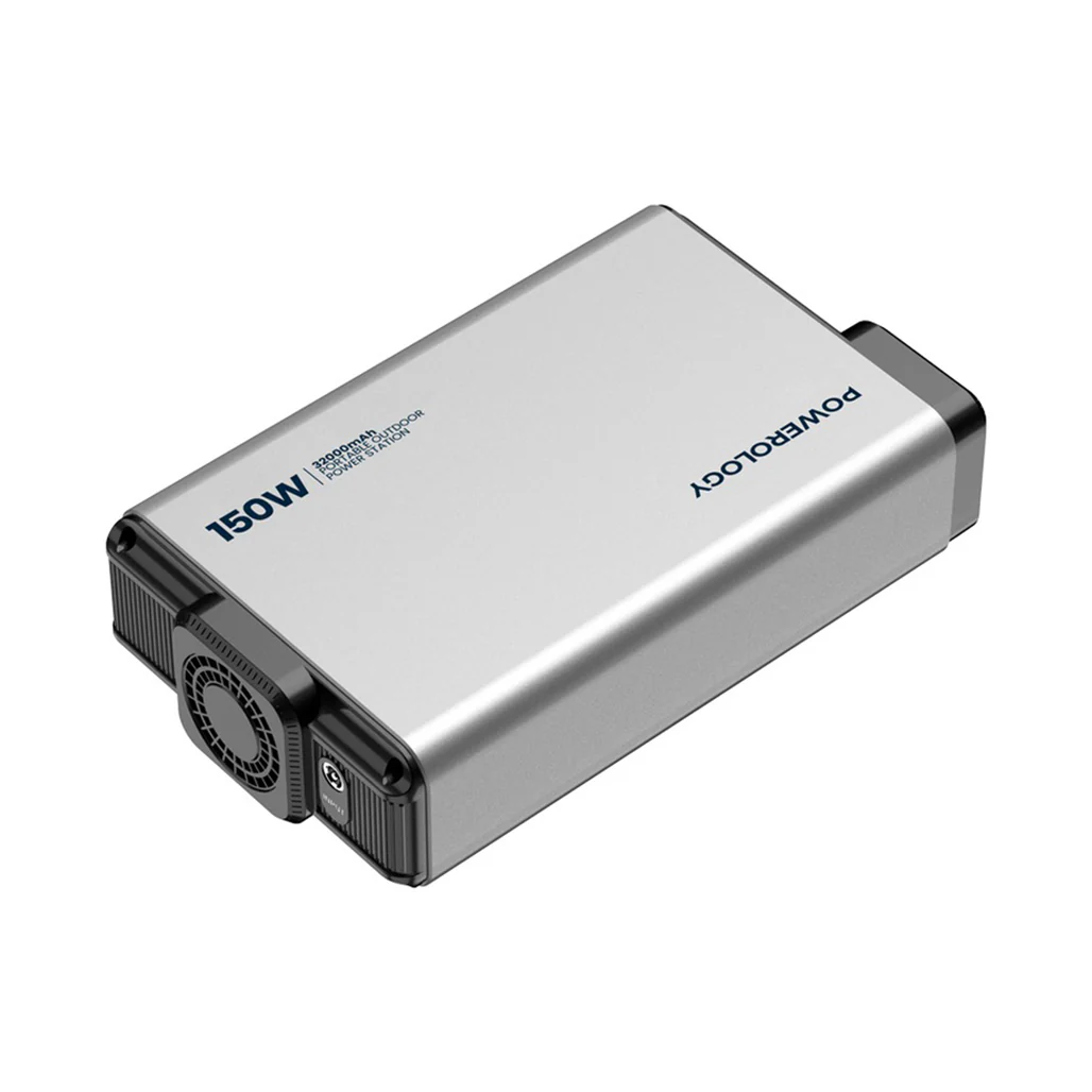 Powerology 32000mAh Mini Power Station with 150W AC Output and 100W PD Charging – Portable Charger for Laptops, Phones, and Tablets – Gray