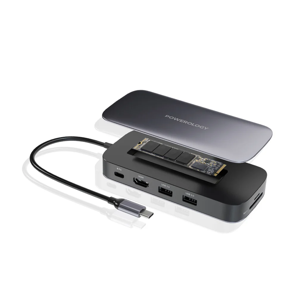 Powerology 512GB USB-C Hub & SSD Drive - All-in-One Connectivity and Storage with PD 100W - Gray - Image 3