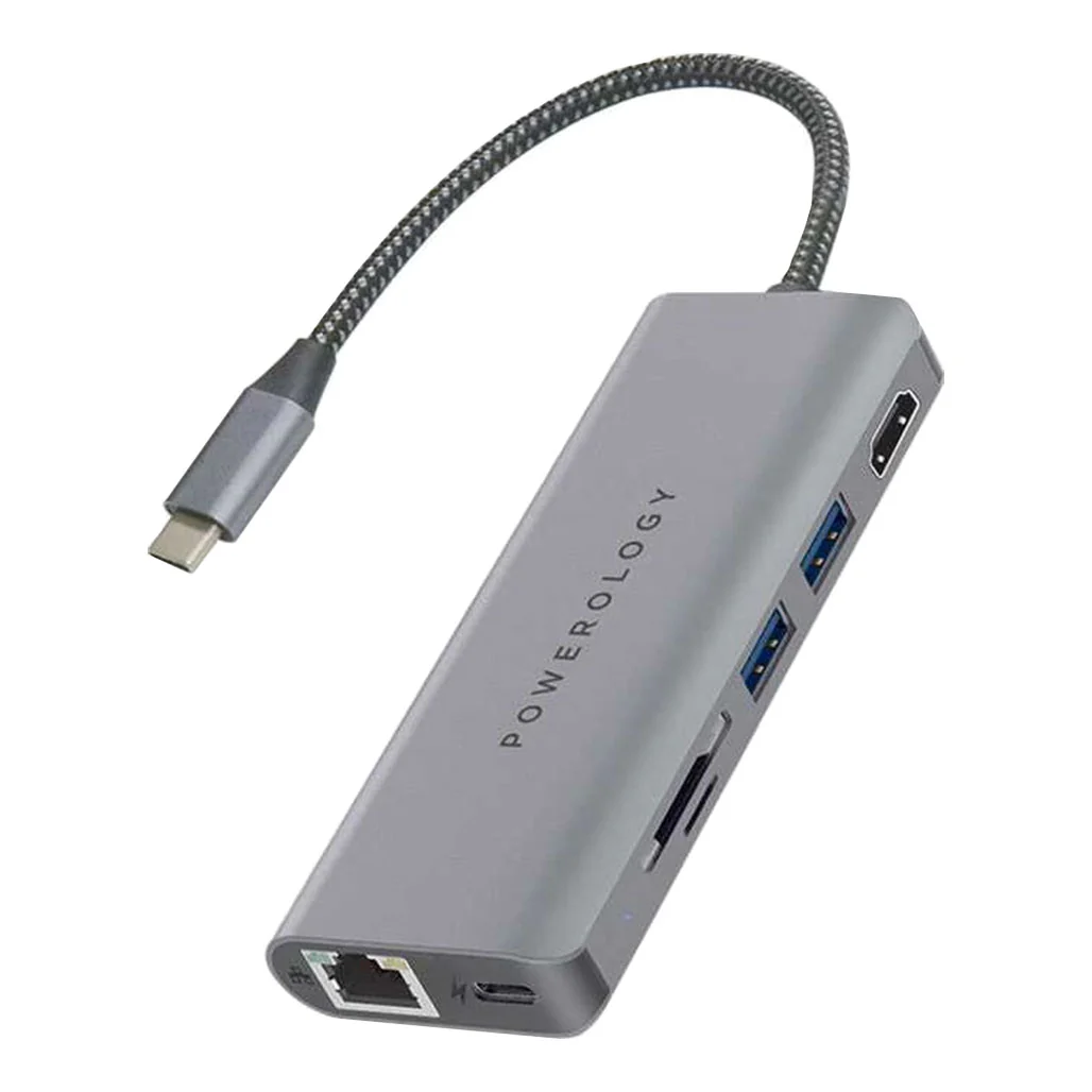 Powerology 7-in-1 USB-C Hub with Ethernet & HDMI - 87W PD, 4K HDMI, Space Gray