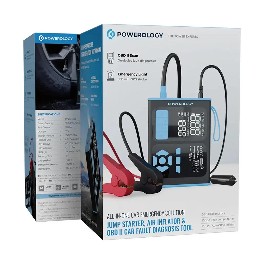 Powerology Portable Car Starter, Air Pump & OBD II Car Diagnostic Tool - Black/Blue - Image 5