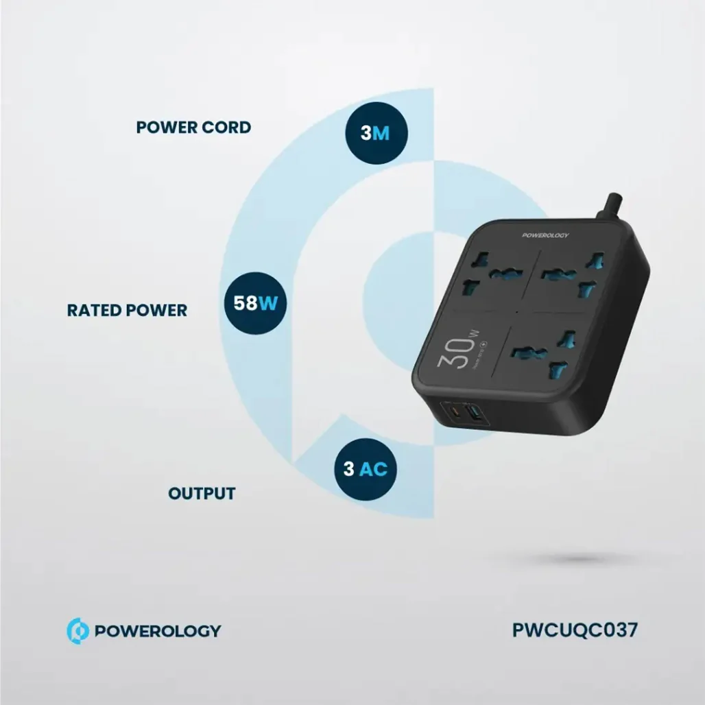 Powerology Power Strip 3250W 3AC - Black - Image 7