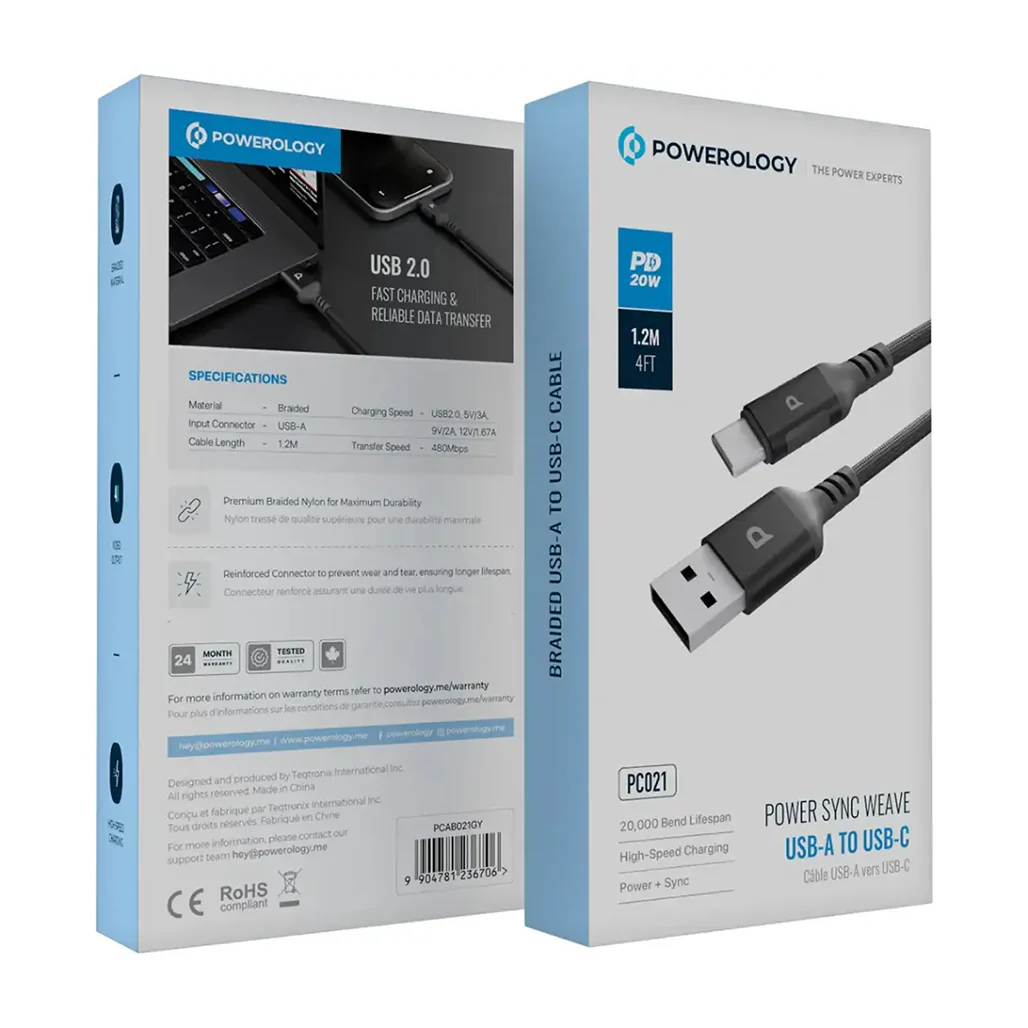 Powerology Power Sync Weave USB-A to USB-C PD 20W - Gray - Image 2