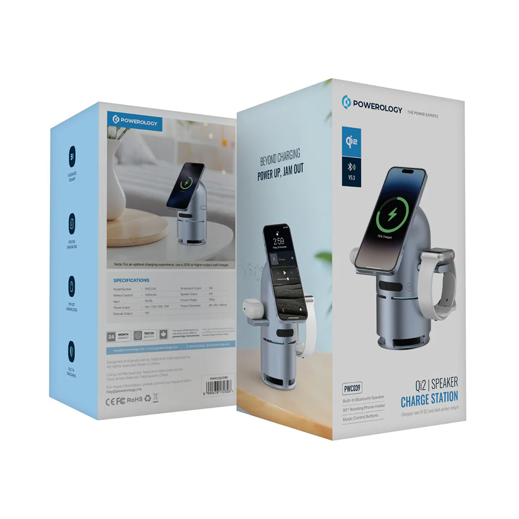Powerology Qi2 Wireless Charging Station with Bluetooth Speaker – 3-in-1 Charger for Phone, Smartwatch & Earbuds - Image 2