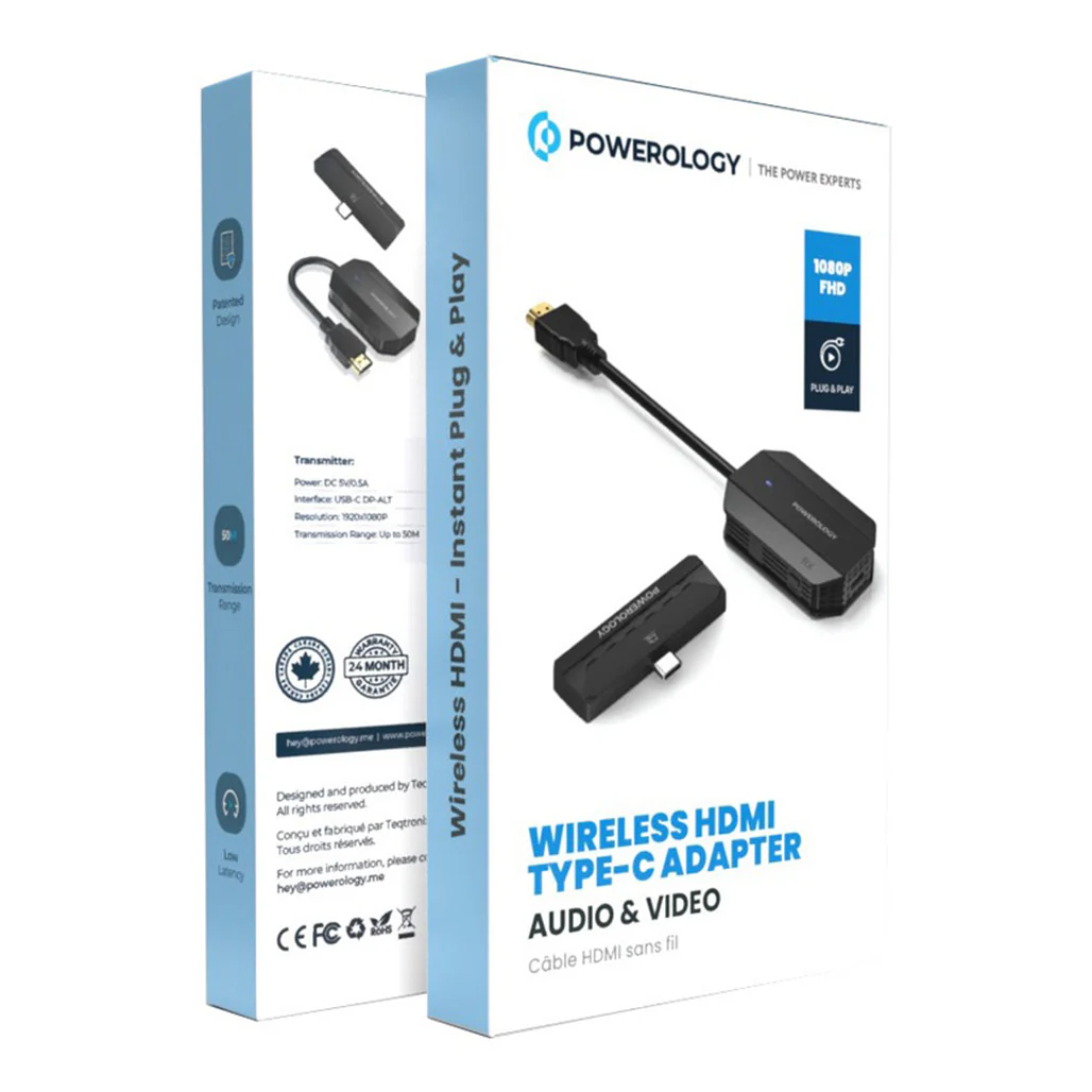 Powerology Wireless HDMI Type-C Adapter for Audio & Video Streaming – 50M Range, Low Latency – Black - Image 3