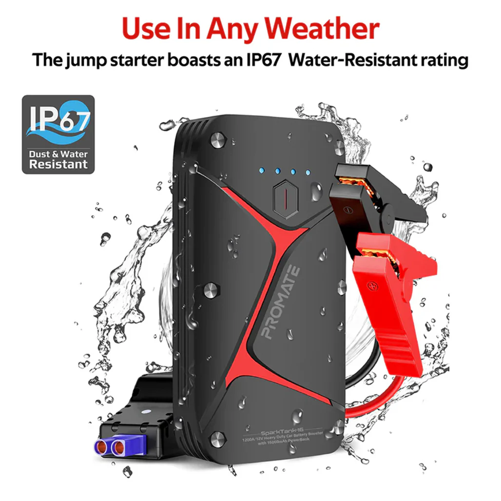 Promate 1200A/12V Heavy Duty Car Battery Booster with 16000mAh Power Bank - Image 3
